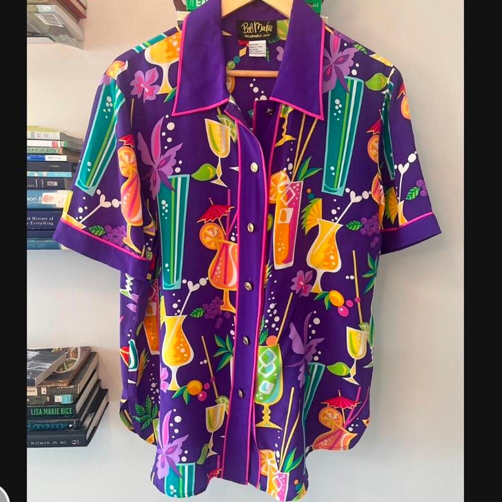 Vintage Bob Mackie Silk Summer Fruit Cocktail Print Button Up Size M